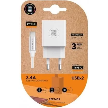 Carregador Duplo com Cabo USB-C Tech One Tech Branco
