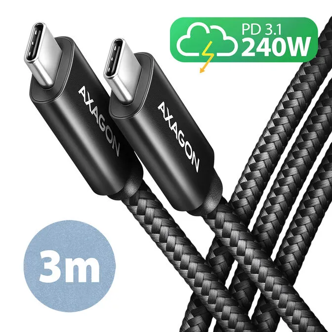 Cabo de Carregamento AXAGON BUCM2-CM30AB USB-C <-> USB-C 2.0, 3m, PD 240W 5A, ALU, braid