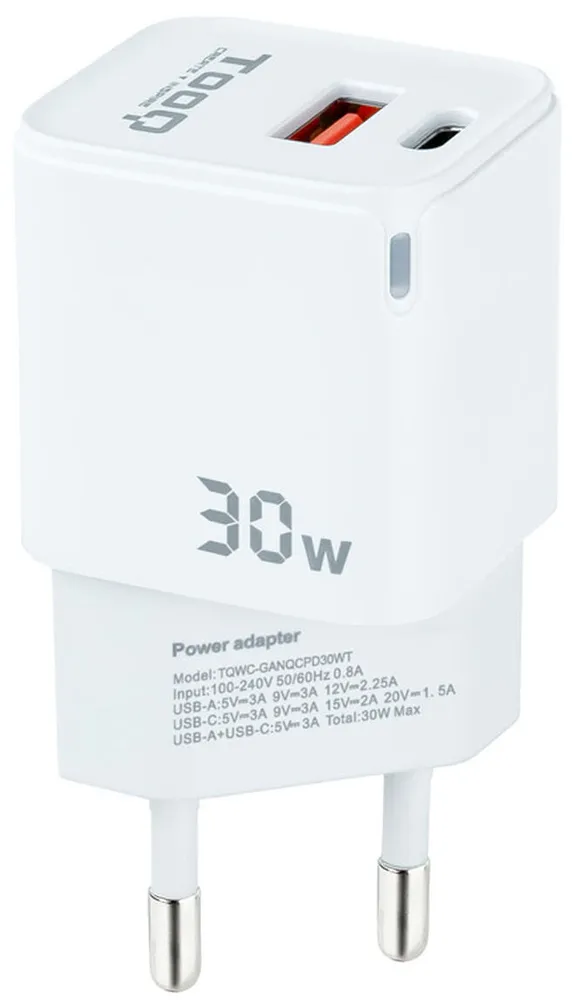 Carregador GaN Tooq USB-C/PD 30W + USB-A/QC 30W