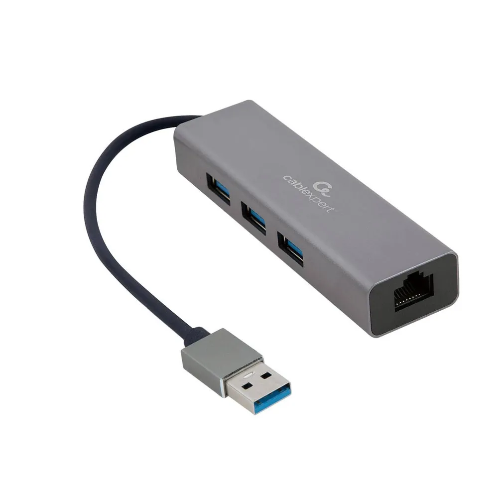 Adaptador USB Gembird A-AMU3-LAN-01 p/ 3-Portas USB-A + RJ45 Cinza