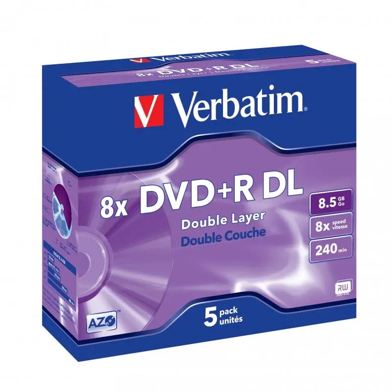 VERBATIM DVD+R 8X 8.5GB 240MIN DOUBLE LAYER CAIXA NORMAL (JEWEL) PACK 5