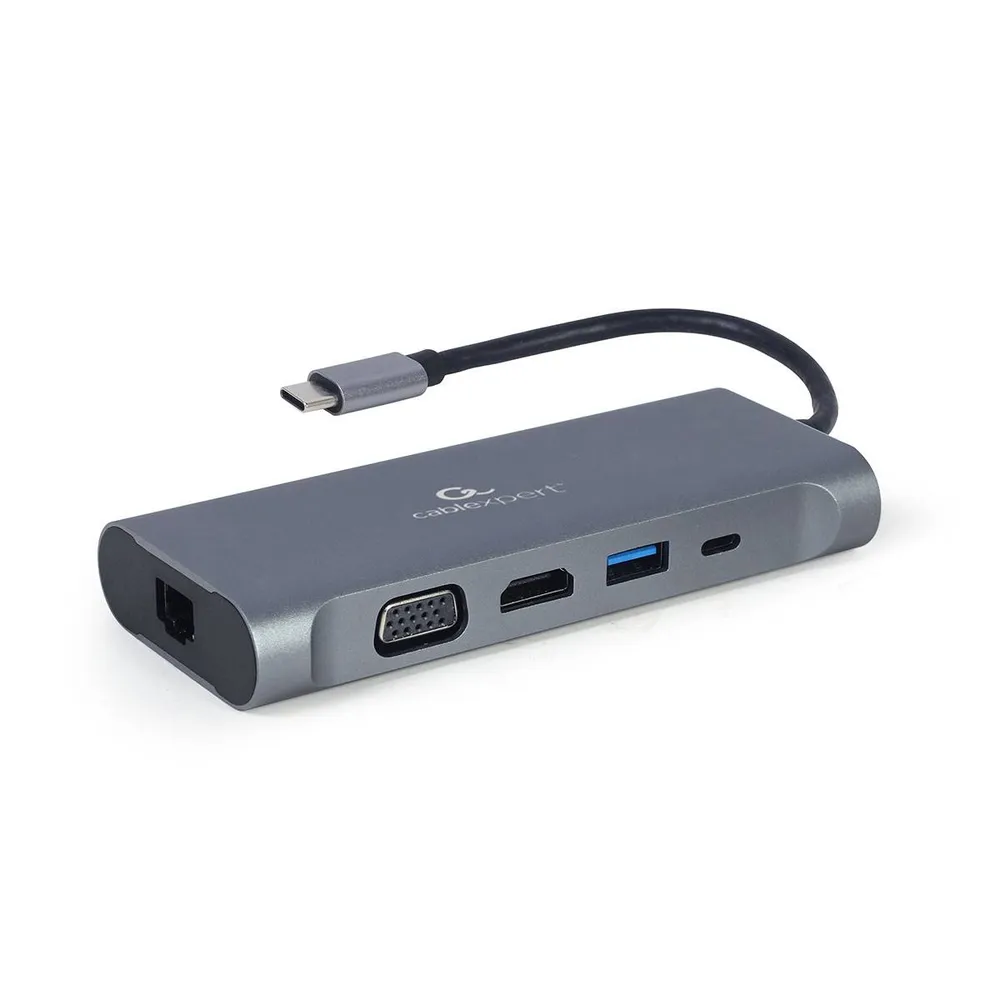 Adaptador USB-C Gembird A-CM-COMBO7-01 7-em-1 p/ HDMI + VGA + USB-C (PD 100W) + 3-Portas USB-A 3.1 + RJ45 + Jack 3.5mm + MicroSD/SD