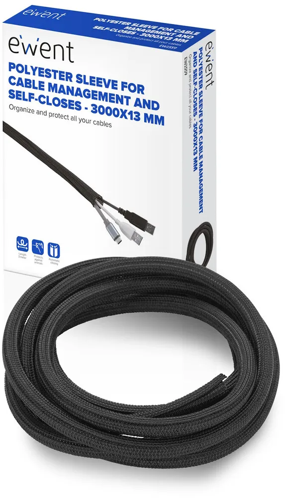Manga Flexível Ewent EW1559 p/ Organizar Cabos com Fecho 3000x13mm Preta