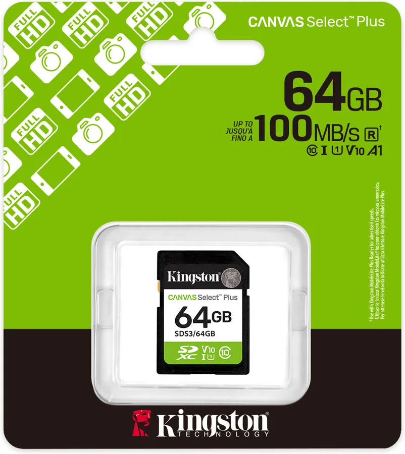 Cartão de Memória KINDSTON SDS3/64GBER 64GB SDXC Canvas Select Plus Gen3 100MB/s C10 U1 V10