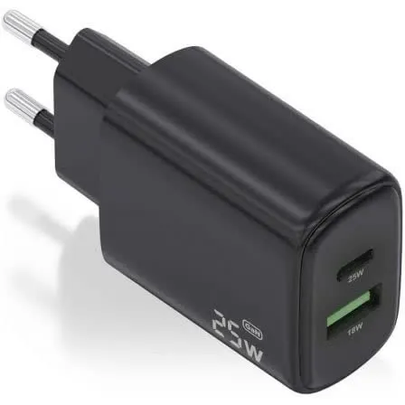 Carregador GaN 25W 1x USB-C PD3.0 1x USB-C QC3.0 (Preto) - AISENS