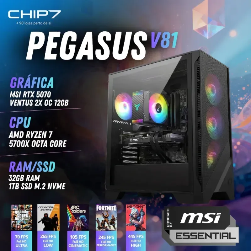 COMPUTADOR GAMING - AMD Ryzen 7 5700X / NVIDIA RTX 5070 12GB / 32GB RAM / 1TB SSD - CHIP7 Pegasus V81 Powered By MSI