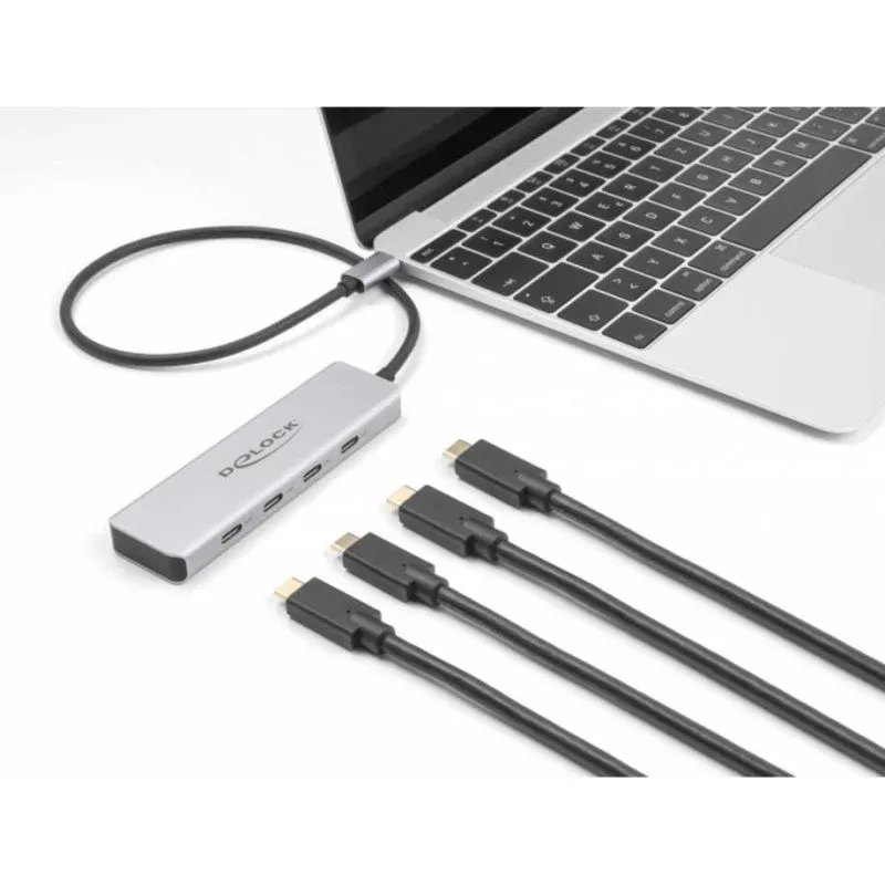 Hub DeLOCK 4 portas USB Type-C 10 Gbps com cabo 35 cm alumínio cinzento