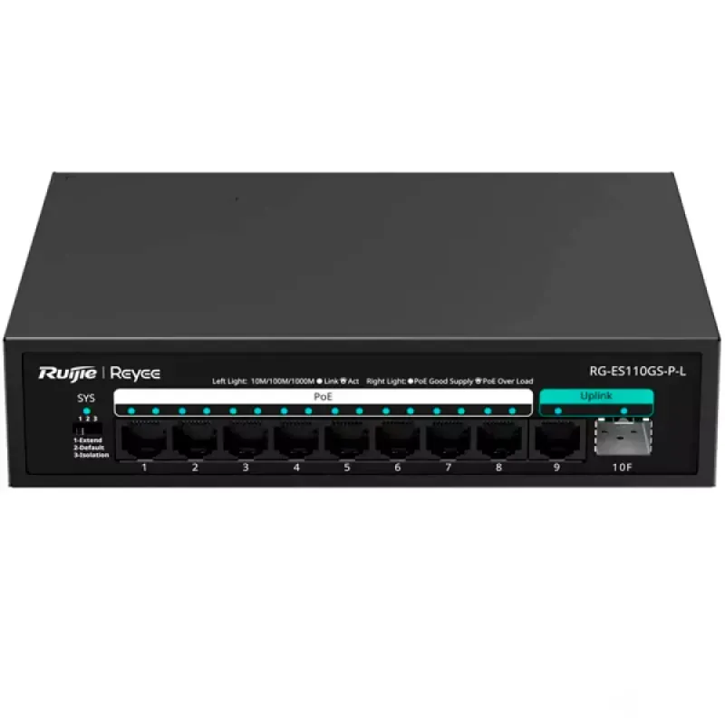 Switch Reyee PoE Unmanaged Desktop 8x RJ45 Gigabit PoE + 1x Uplink RJ45 + 1x Uplink SFP