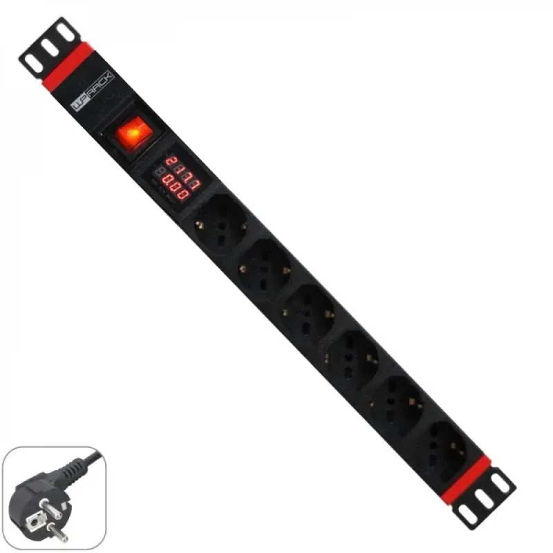 WP RACK REGUA 6 TOMADAS SCHUKO 19" PDU C/ INTERRUPTOR & MEDIDOR CORRENTE