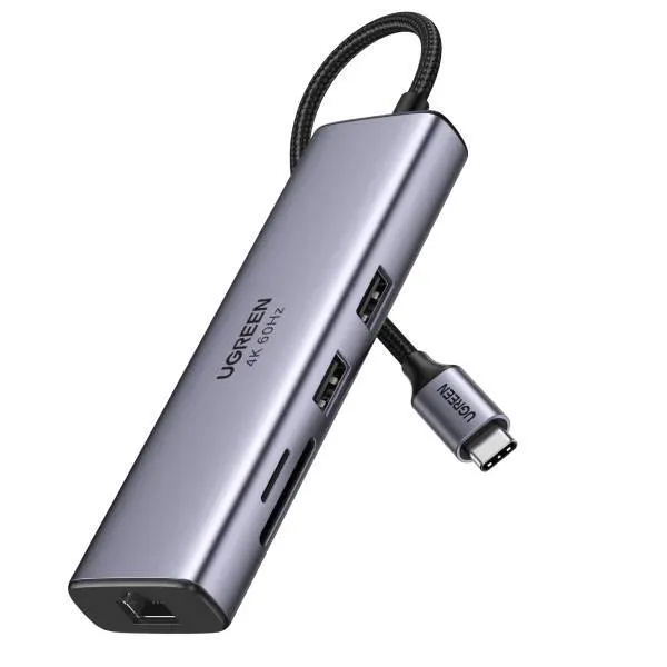 Adaptador USB-C UGREEN CM512 7-em-1 (1x HDMI + 2x USB-A + RJ45 Gigabit + SD/TF) Cinza