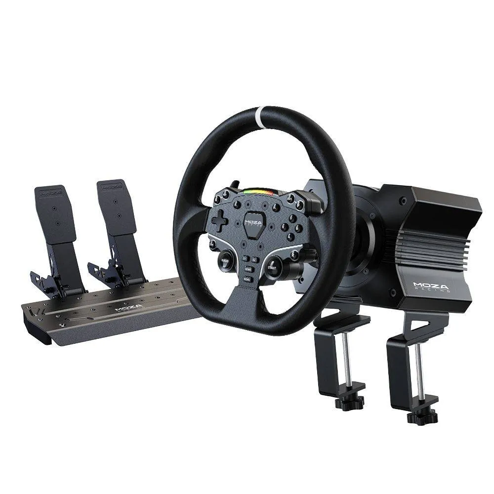 Conjunto MOZA Racing R5 ( Base Volante Direct Drive R5 + Volante ES + Pedais SR-P Lite + Suporte de Mesa R5)
