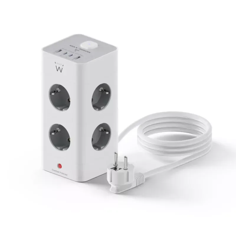EWENT EXTENSAO ELETRICA 8 TOMADAS TORRE SCHUKO+ 2 USB+ 2 USB-C 2MT