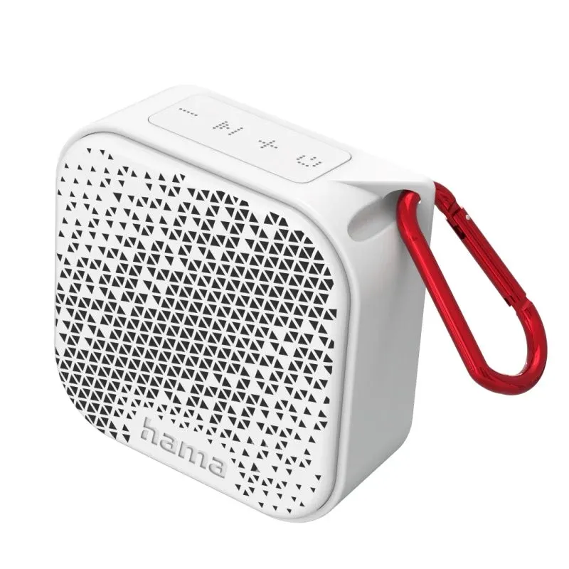 Coluna de som sem fios ultracompacta Hama 3,5 W Bluetooth IP67 branca com chamadas mãos-livres e mosquetão
