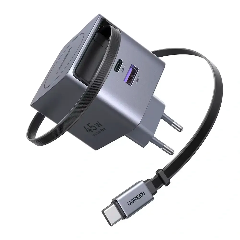 Carregador UGREEN Nexode GaN Infinity 45W 1x USB-A + 1x USB-C + 1x USB-C com Cabo Retrátil Cinza