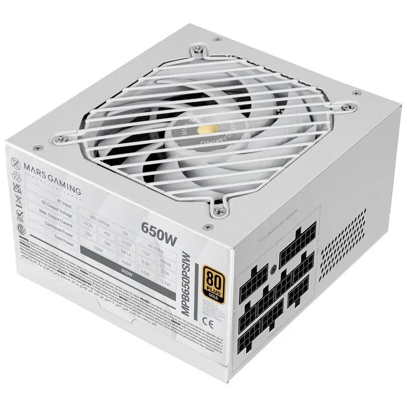 Fonte Alimentação Fonte de Alimentação Mars Gaming MPB650PSI 650W 80+ Gold Full Modular ATX 3.1 PCIe 5.1 Branco