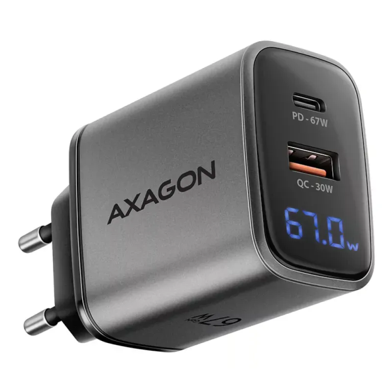 Carregador de Parede AXAGON ACU-PQ67 D PD3.0 & QC4+ 2x OUTPUTS Display LCD 67W