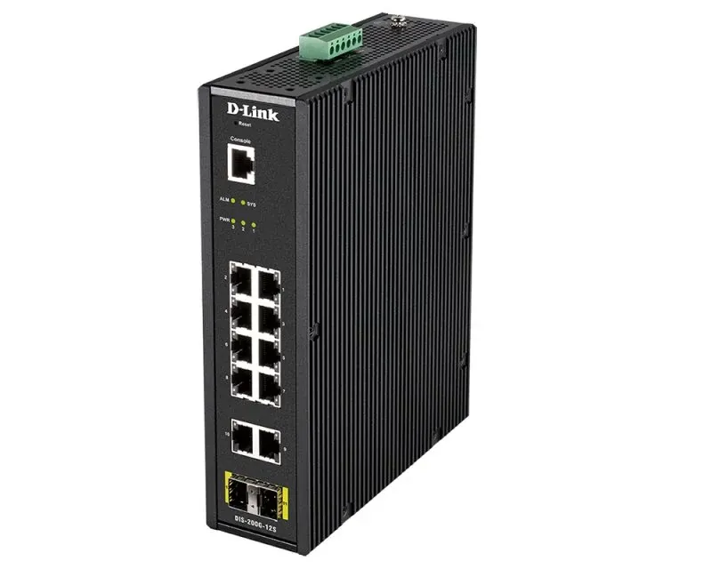 D-Link DIS 200G-12S - Interruptor - Administrado - 10 x 10/100/1000 + 2 x SFP - montável em trilho DIN, montável na parede - AC 120/230 V / DC 46 - 54 V