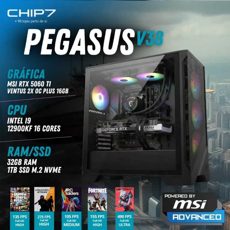 COMPUTADOR GAMING - INTEL I9 12900KF / NVIDIA RTX 5060 TI 16GB / 32GB RAM / 1TB SSD / Rato MSI Clutch GM08 / Teclado MSI Vigor GK30 / Adaptador de Rede MSI AX1800 - CHIP7 PEGASUS V38 Powered By MSI