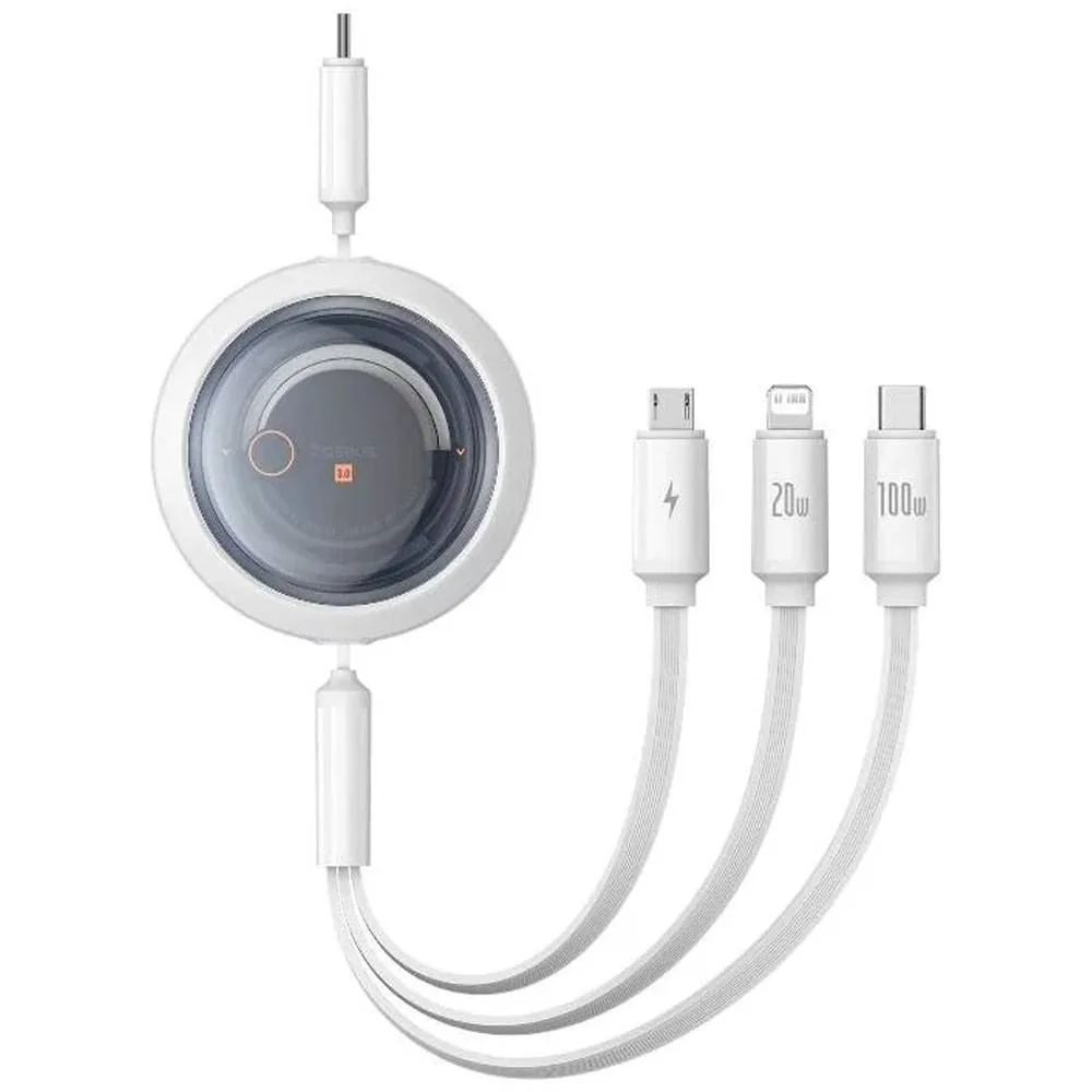 Cabo USB-C Baseus Free2Draw Retrátil p/ USB-C | Lightning | MicroUSB PD 100W 1.1m Branco