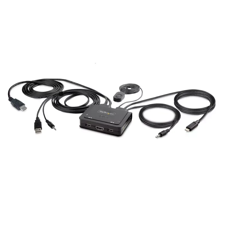 StarTech.com 2-Port Hybrid USB-C HDMI Cable KVM Switch, 4K 60Hz, Compact KVM with 6ft/1.8m USB-A/HDMI/Audio & 4ft/1.2m USB-C Integrated Host Cables, Bus Powered - Remote Push Button/Hotkey Switching (C2-H46-UAC-CBL-KVM) - Chave de KVM / áudio / USB -