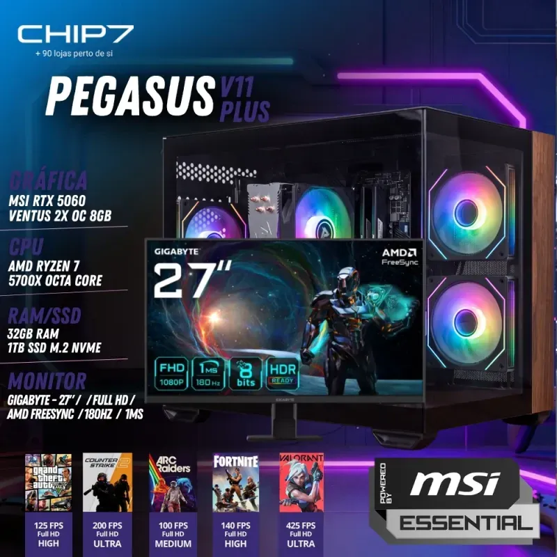 COMPUTADOR GAMING - AMD RYZEN 7 5700X / RTX 5060 8GB / 32GB RAM / 1TB SSD / Monitor Gigabyte 27" Quad HD 1ms 180Hz AMD Freesync GS27QA - CHIP7 Pegasus V11 Plus