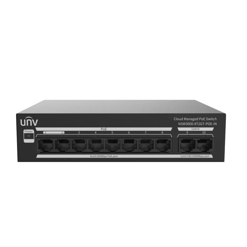 Switch Uniview Cloud Managed L2 PoE 8 portas PoE RJ45 2x Uplink RJ45 Preto - UV-NSW3000-8T2GT-POE-IN