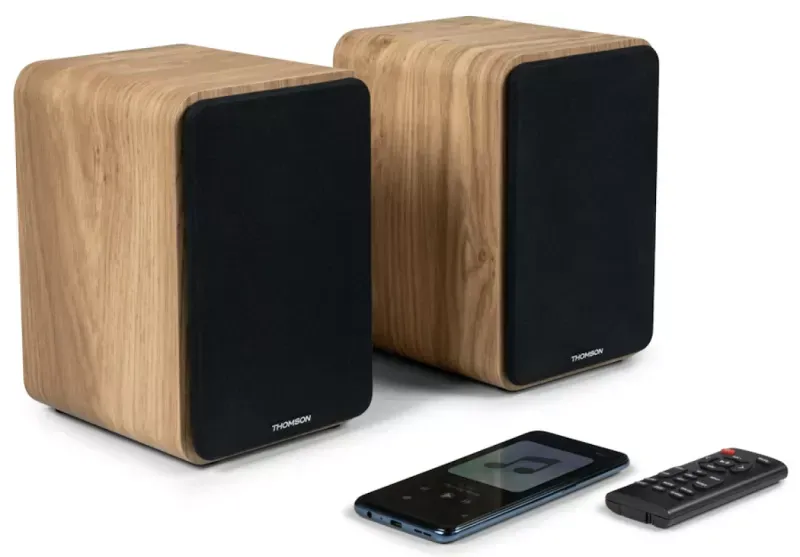 Colunas Thomson 100Watts / Bluetooth 5.0 / 2x RCA / Controlo Remoto / Madeira - COSY