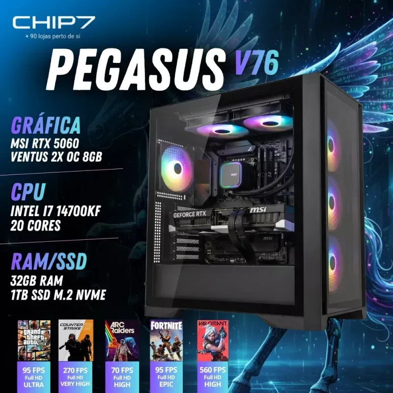 COMPUTADOR GAMING - Intel I7 14700KF / NVIDIA RTX 5060 8GB / 32GB RAM / 1TB SSD - CHIP7 Pegasus V76