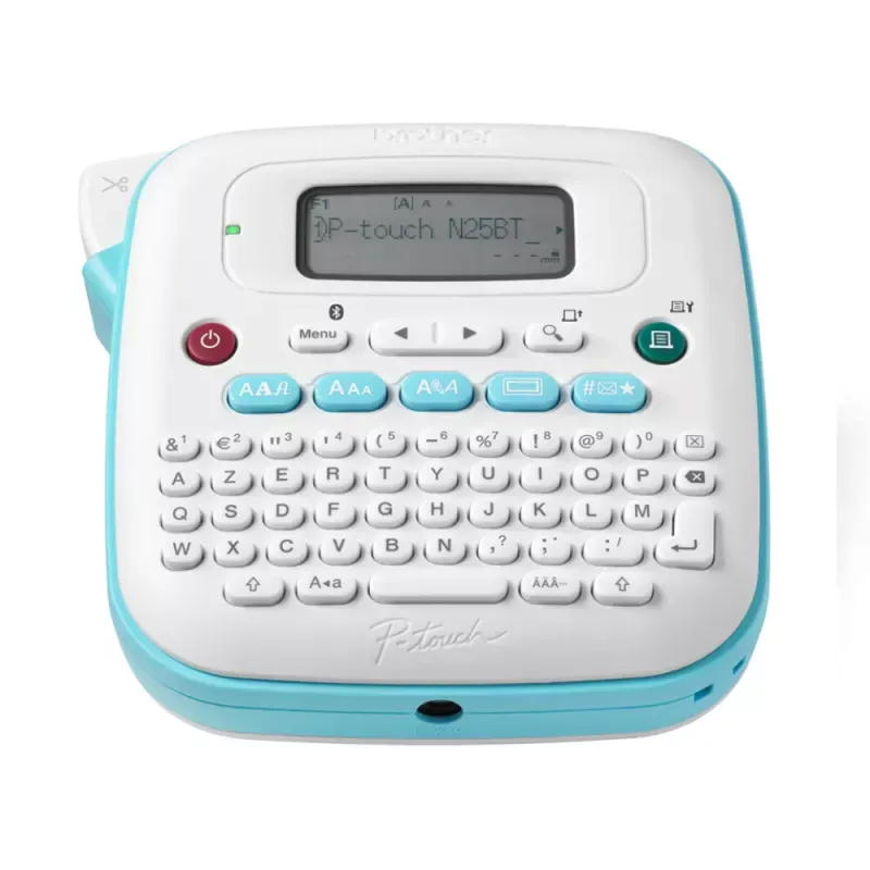 PTN25BT - Etiquetadora eletrónica de secretária para casa e escritório. Visor com pré-visualização. Bluetooth. Cor azul e branca, Largura de fita: 12mm, Corte de Fita manual - Teclado QWERTY