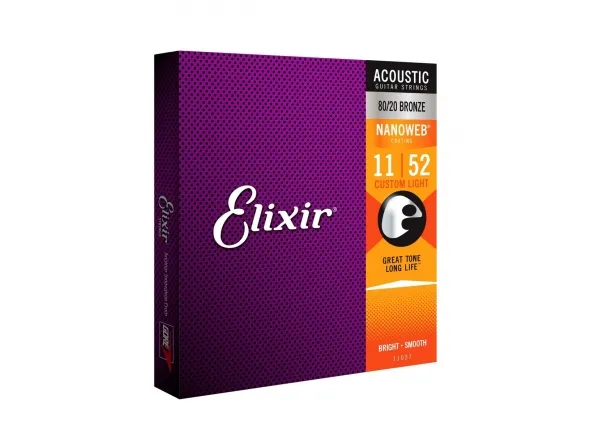 Elixir Jogo de Cordas 011 para Guitarra Acústica Bronze 80/20 Nanoweb 011-052