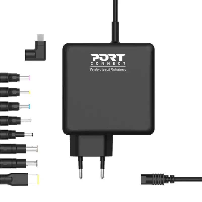 Carregador Universal Port Designs 90W para Portátil – USB-C + 9 Pontas / 19,5V / Ficha EU