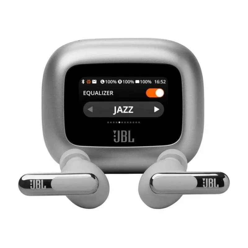 Auriculares JBL Live Beam 3 sem fios Bluetooth com Cancelamento de Ruído Adaptativo, estojo táctil, prata