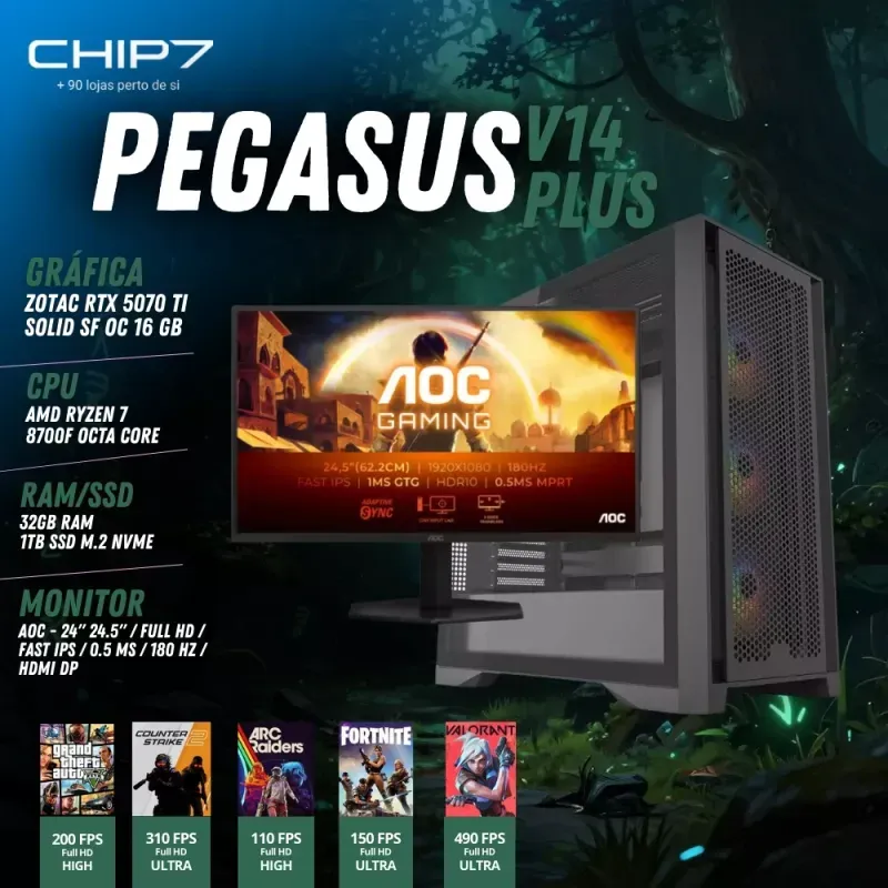 COMPUTADOR GAMING - AMD RYZEN 7 8700F / NVIDIA RTX 5070 TI 16GB / 32GB RAM / 1TB SSD / Monitor AOC 24.5" FHD 0.5ms 180 Hz - CHIP7 PEGASUS V14 Plus