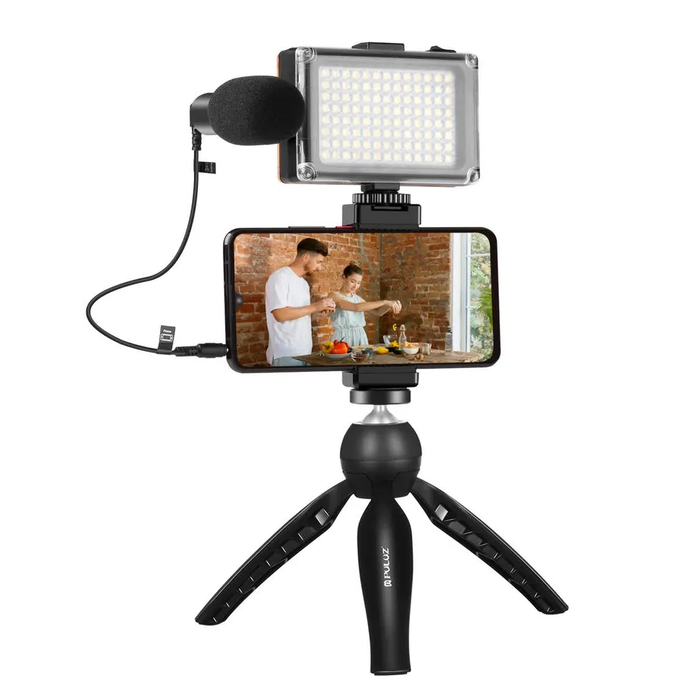 Puluz Conjunto de gravação ao vivo tripé + luz LED + microfone + clipe para telefone PKT3132B