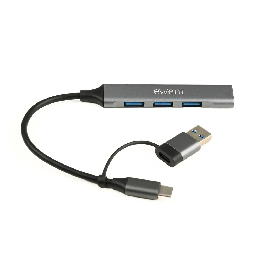 Hub USB-C Ewent EW1154 USB 3.2 Gen 1 5 Gbps, 1x USB-A 3.2 Gen 1, 3x USB-A 2.0, 15cm, Aluminum Gray
