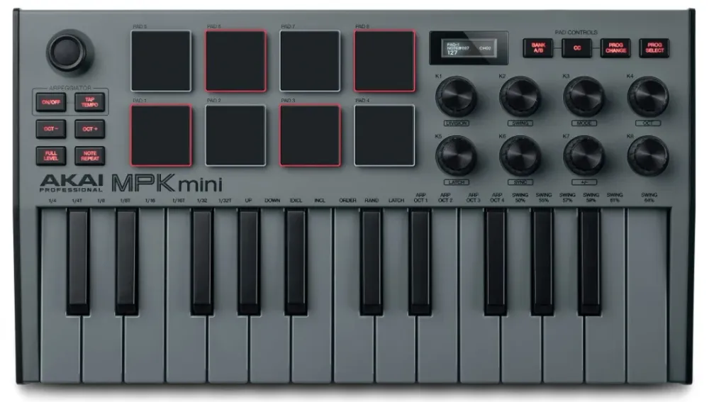 Akai MPK Mini MK3 Teclado MIDI 25 Teclas USB com Pads e Controlos Giratórios Cinzento
