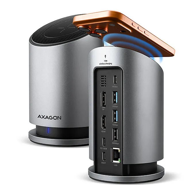 HUB AXAGON HMC-WL9 USB 10Gbps, Qi wireless charging, 3×USB-A, USB-C, HDMI & DisplayPort 4K/60Hz, RJ-45, PD 100W