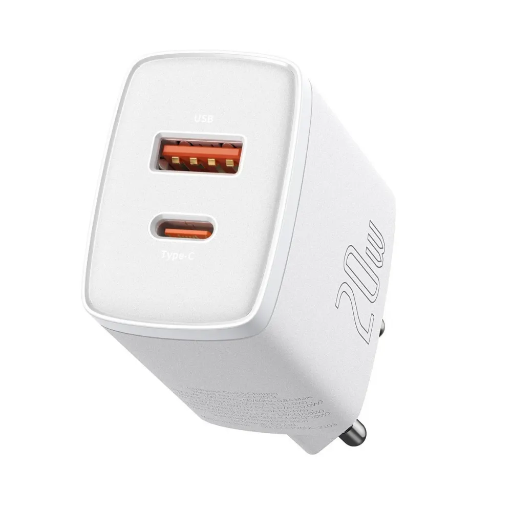 Carregador Baseus Fast Charger 1x USB-A 1x USB-C 20W Branco