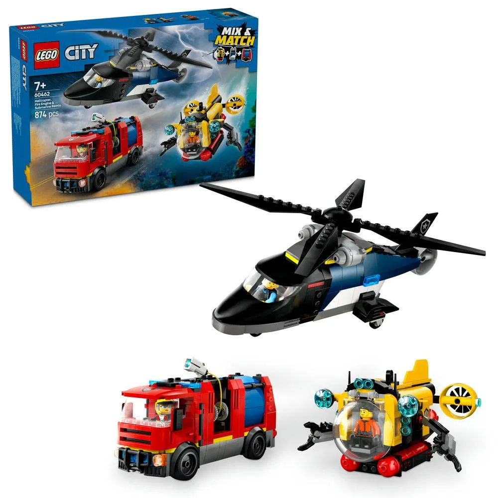 LEGO City: Combinação de Helicóptero, Camião dos Bombeiros e Submarino | Idades 7+ | 874 Peças | Item 60462