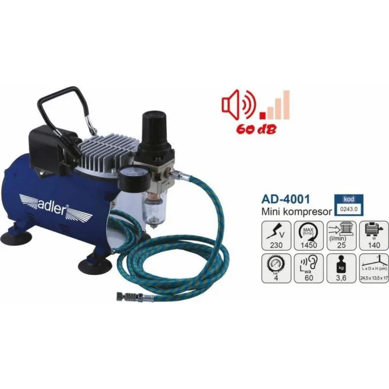 Fonte Alimentação Compressor mini sem óleo Adler MAR0243.0 4 bar 230 V 25 L/min 60 dB