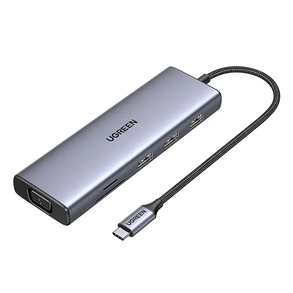 Adaptador USB-C UGREEN CM498 9-em-1 (3x USB-A 3.0 + 1x HDMI + 1x VGA + 1x RJ45 Gigabit + SD/TF) Cinza