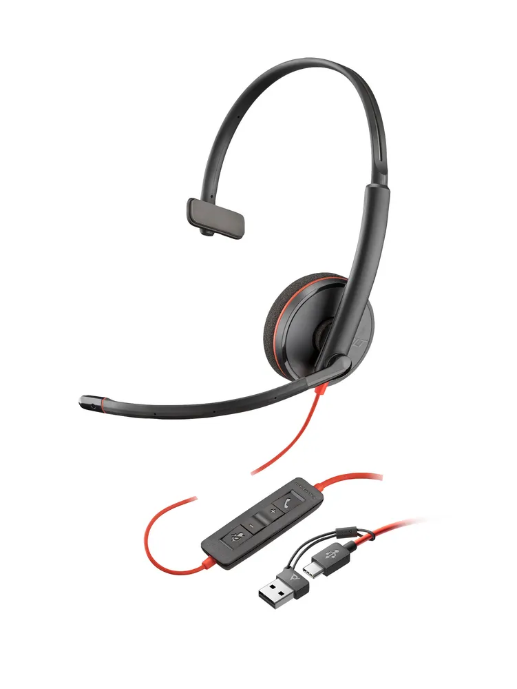 Auscultadores Poly com cabo USB-C e USB-A Microfone monoaural supraaural