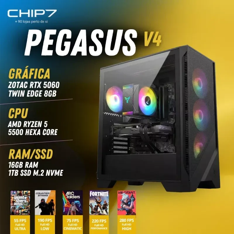 COMPUTADOR GAMING - AMD Ryzen 5 5500 / RTX 5060 8GB / 16GB RAM / 1TB SSD - CHIP7 Pegasus V4