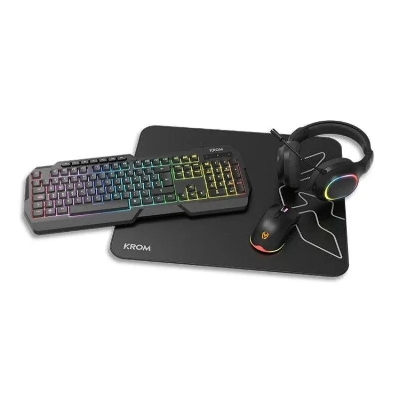 Teclado Krom Kenta Pack 4 em 1 membrana RGB Preto com rato, headset e tapete
