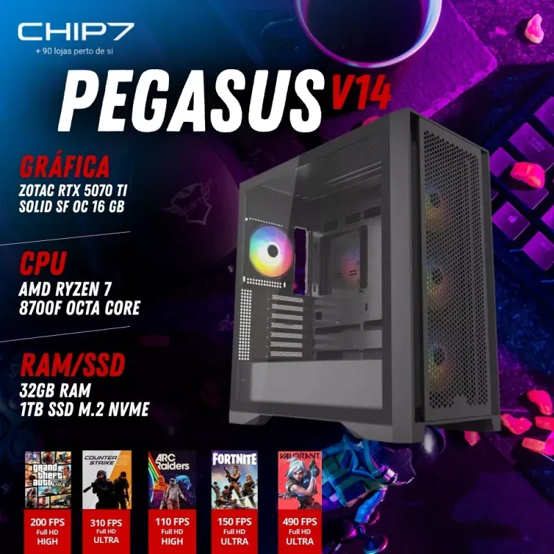 COMPUTADOR GAMING - AMD RYZEN 7 8700F / NVIDIA RTX 5070 TI 16GB / 32GB RAM / 1TB SSD - CHIP7 PEGASUS V14