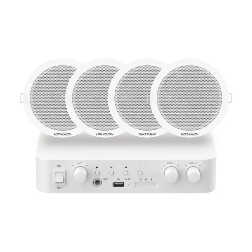 Kit de áudio Hikvision amplificador 80 W 4x altifalantes de teto 6W - DS-QAE1KA80206-4