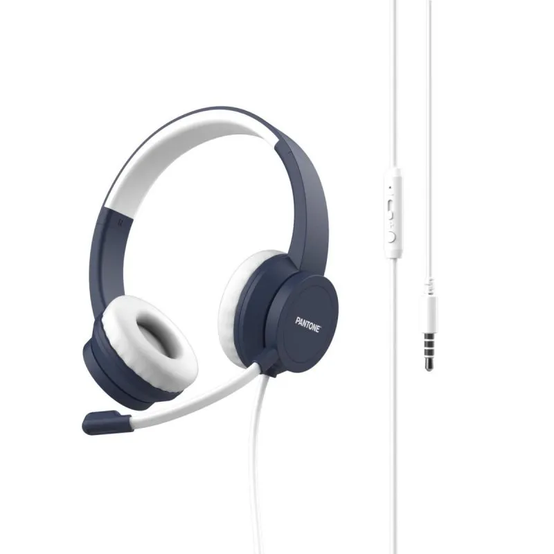 Auriculares Pantone PT-WDH002N com fio Jack 3.5 mm para escritório com microfone Boom azul
