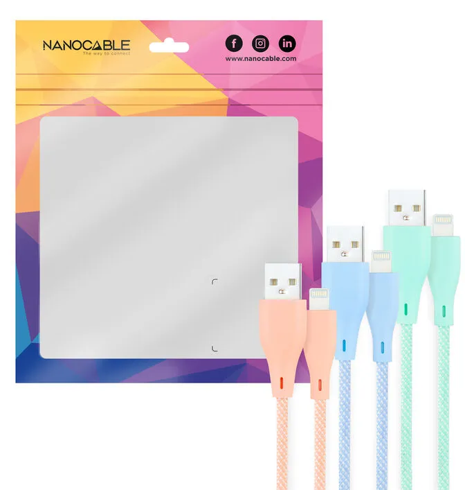 Cabos Lightning Nanocable Lightning > USB A/M Coiled 1M (Pack 3 Rosa, Azul e Verde)