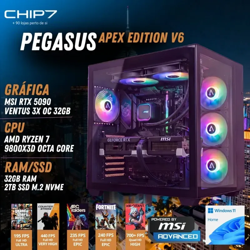 COMPUTADOR GAMING - AMD Ryzen 7 9800X3D / NVIDIA RTX 5090 32GB / 32GB RAM / 2TB SSD / Windows 11 Home - CHIP7 Pegasus Apex Edition V6 Powered By MSI