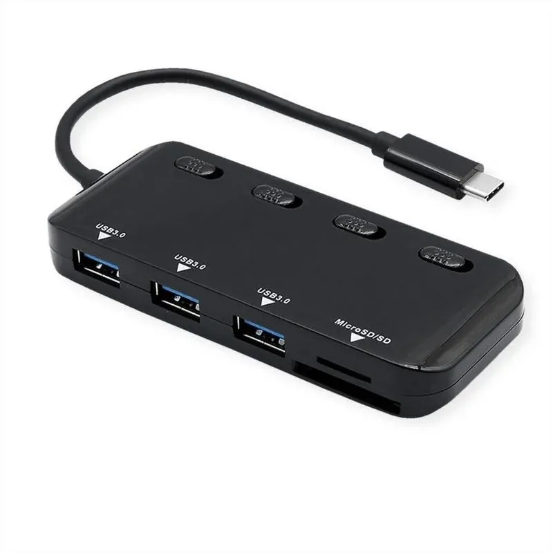 Hub Roline 3 portas USB 3.2 Gen 1 14.02.5059 com leitor MicroSD preto